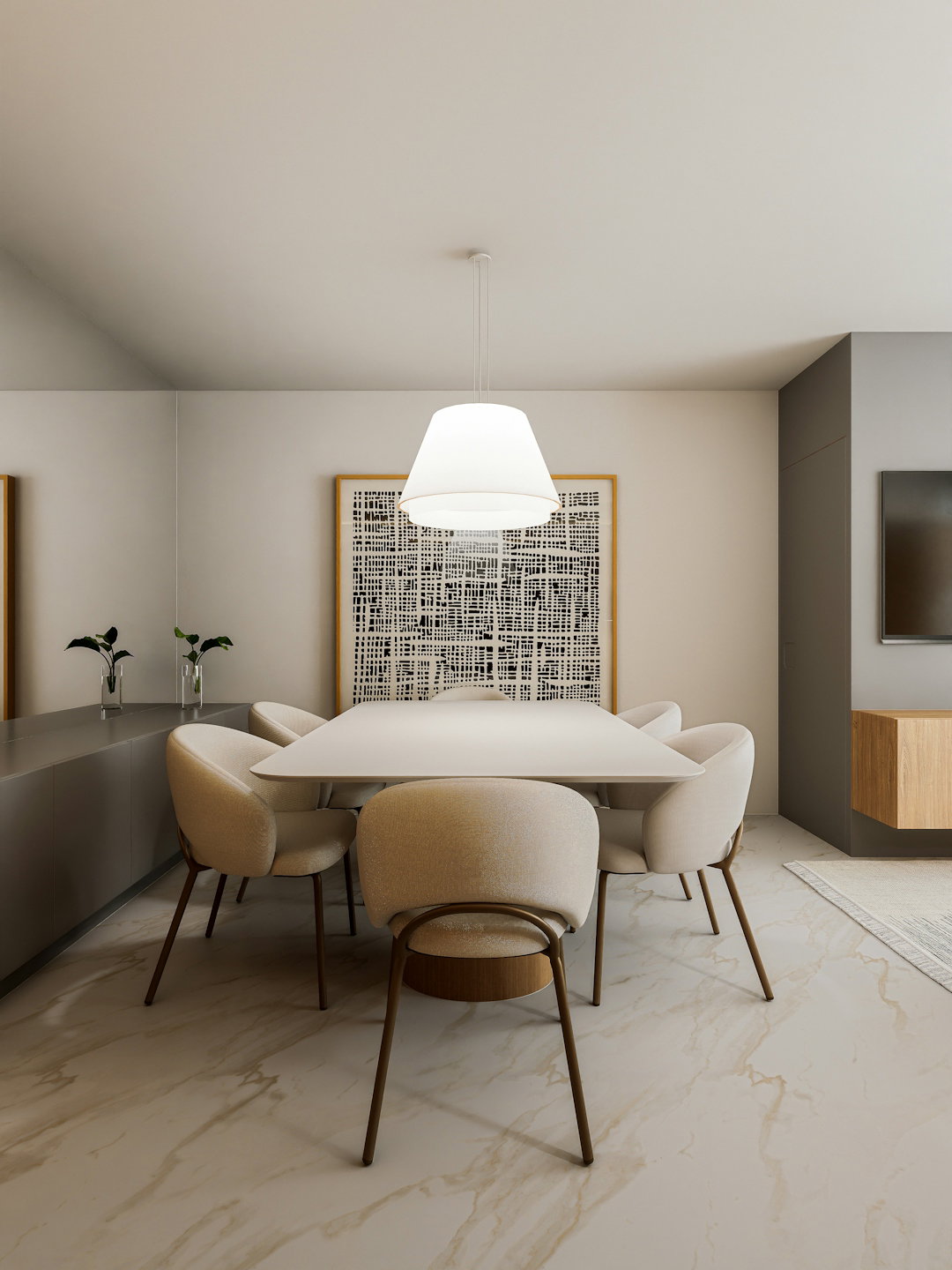 A dining table with six upholstered chairs under a white pendant light